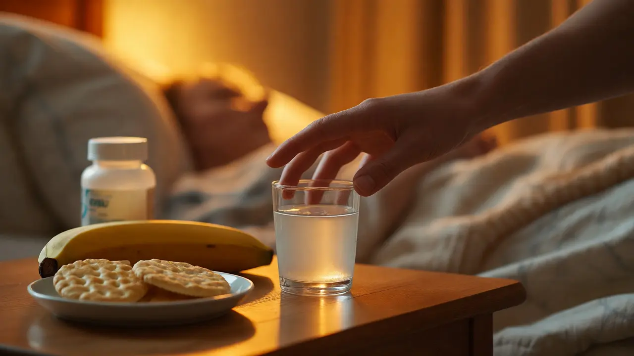 Rehydratační roztok, banán a suchary na nočním stolku