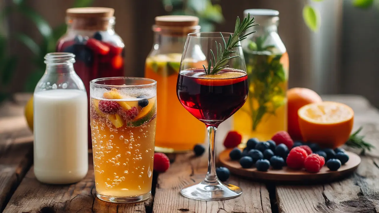 Stolní scéna s nealko vínem, kombuchou a kefírem jako alternativami alkoholu.