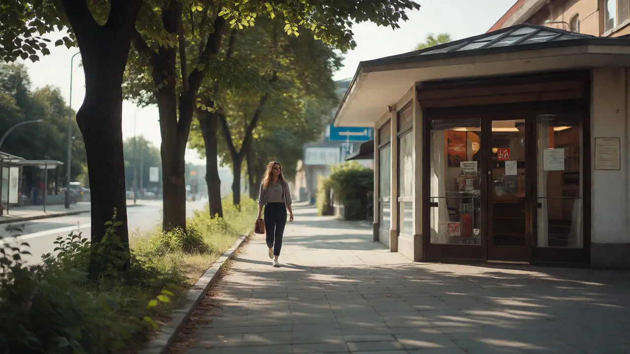 Žena kráčející po chodníku směrem ke studiu z blízké zastávky MHD