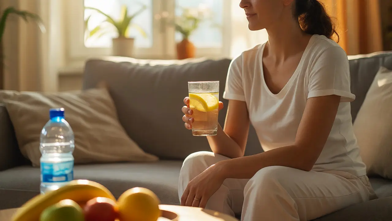 Žena pije vodu s citronem na slunném místě jako začátek detoxikace