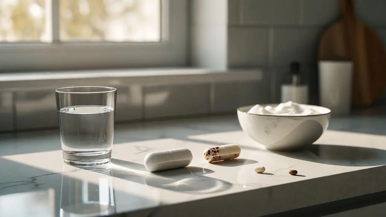 Antibiotika a probiotika s vodou na kuchyňské lince