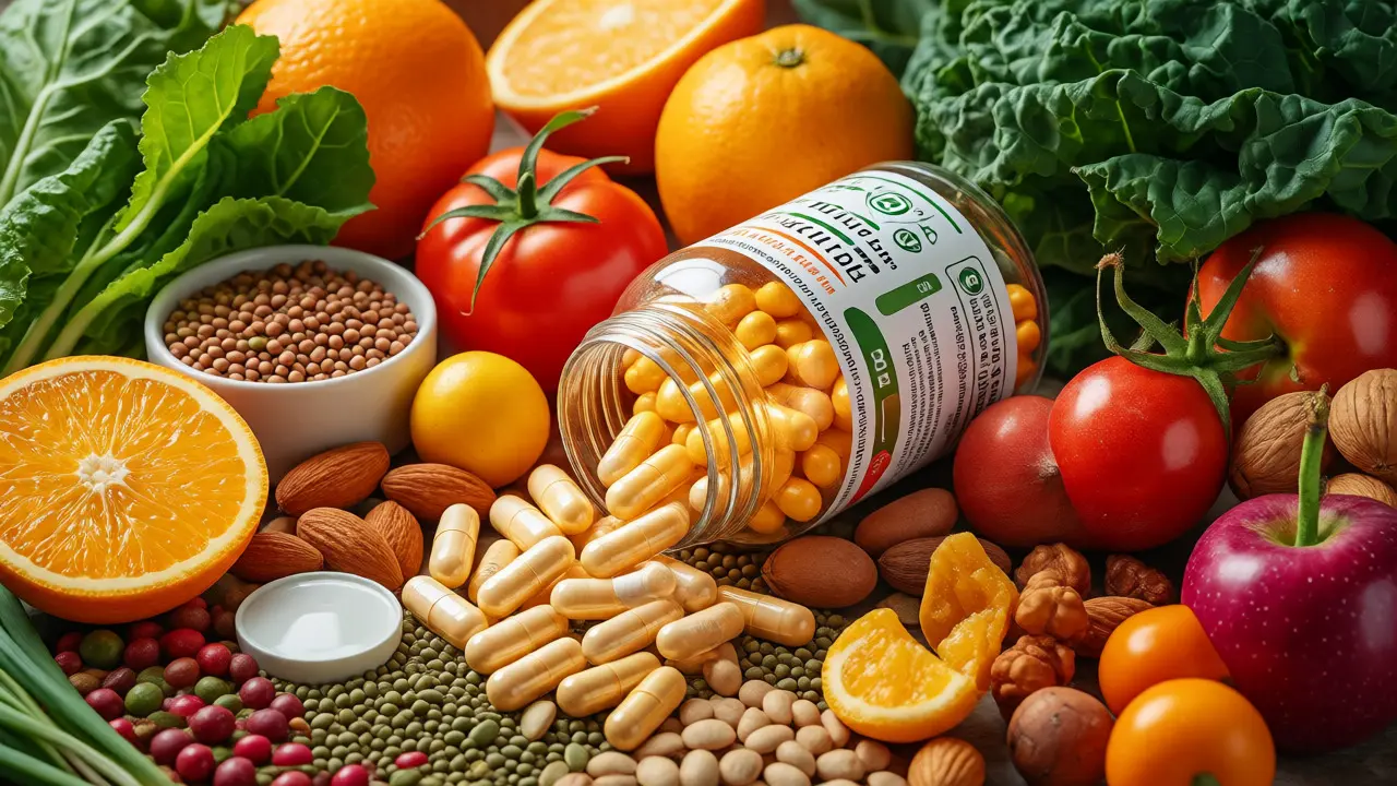 Čerstvé ovoce, zelenina a kapsle multivitamínů na stole