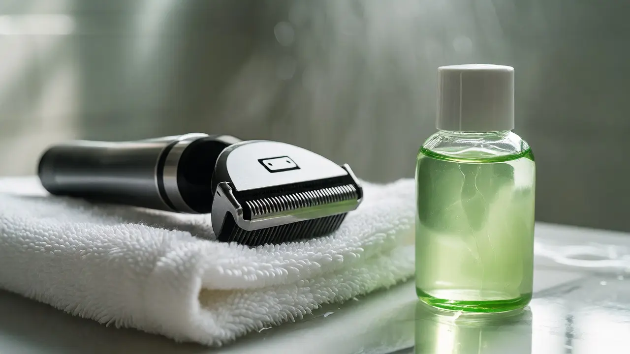 Elektrický zastřihovač a gel na aloe vera připravené na bílém ručníku po sprše.