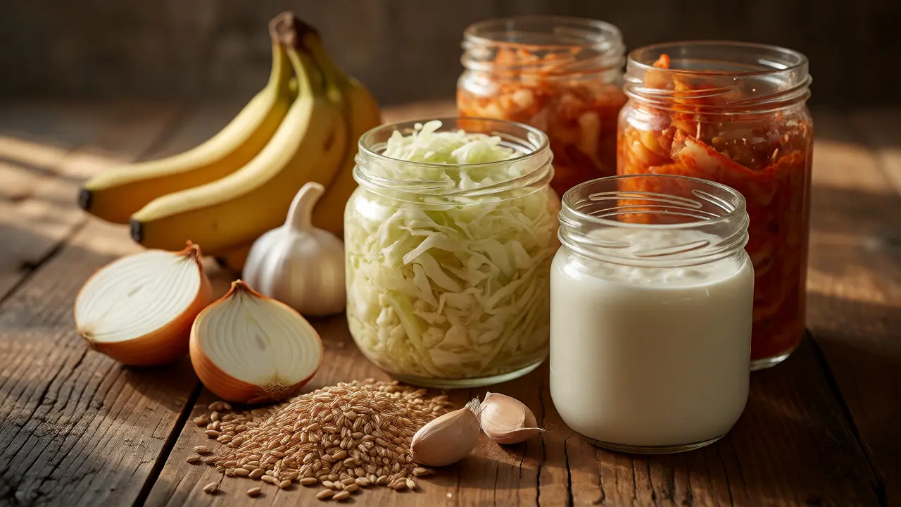 Fermentované potraviny a čerstvá zelenina na dřevěném stole