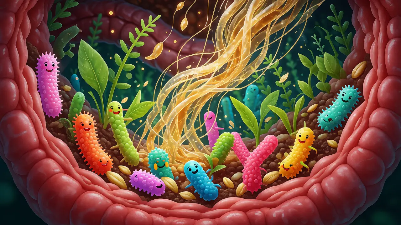 Ilustrace střevního mikrobiomu s bakteriemi rostoucími jako rostliny díky vláknině.