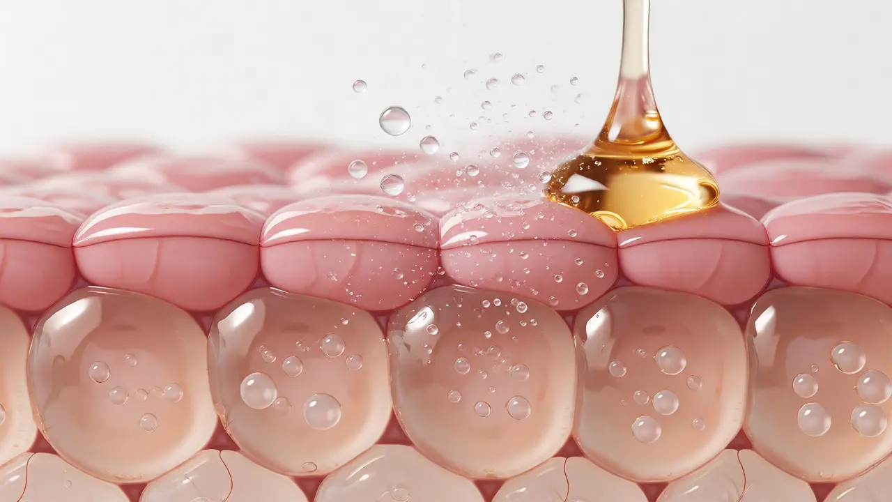Ilustrace vstřebávání séra do hydratované pleti pomocí makro fotografie.
