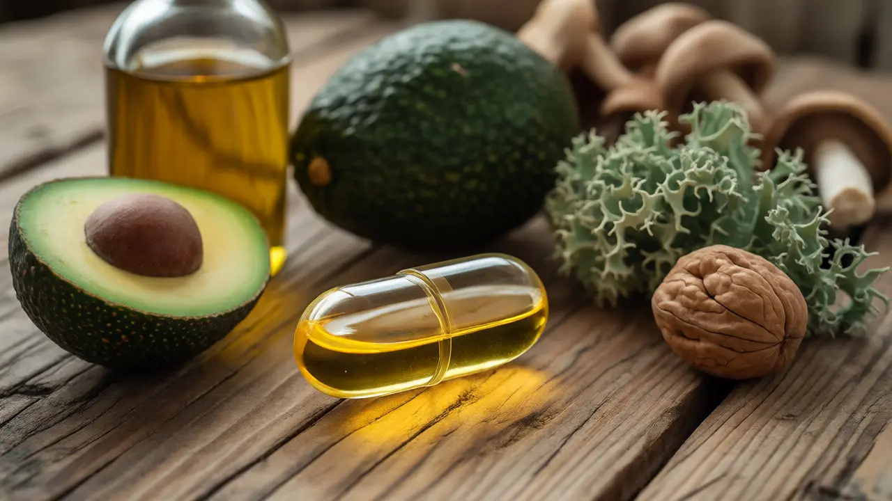 Kapsle vitamínu D s olejem vedle avokáda a ořechů na dřevěném stole