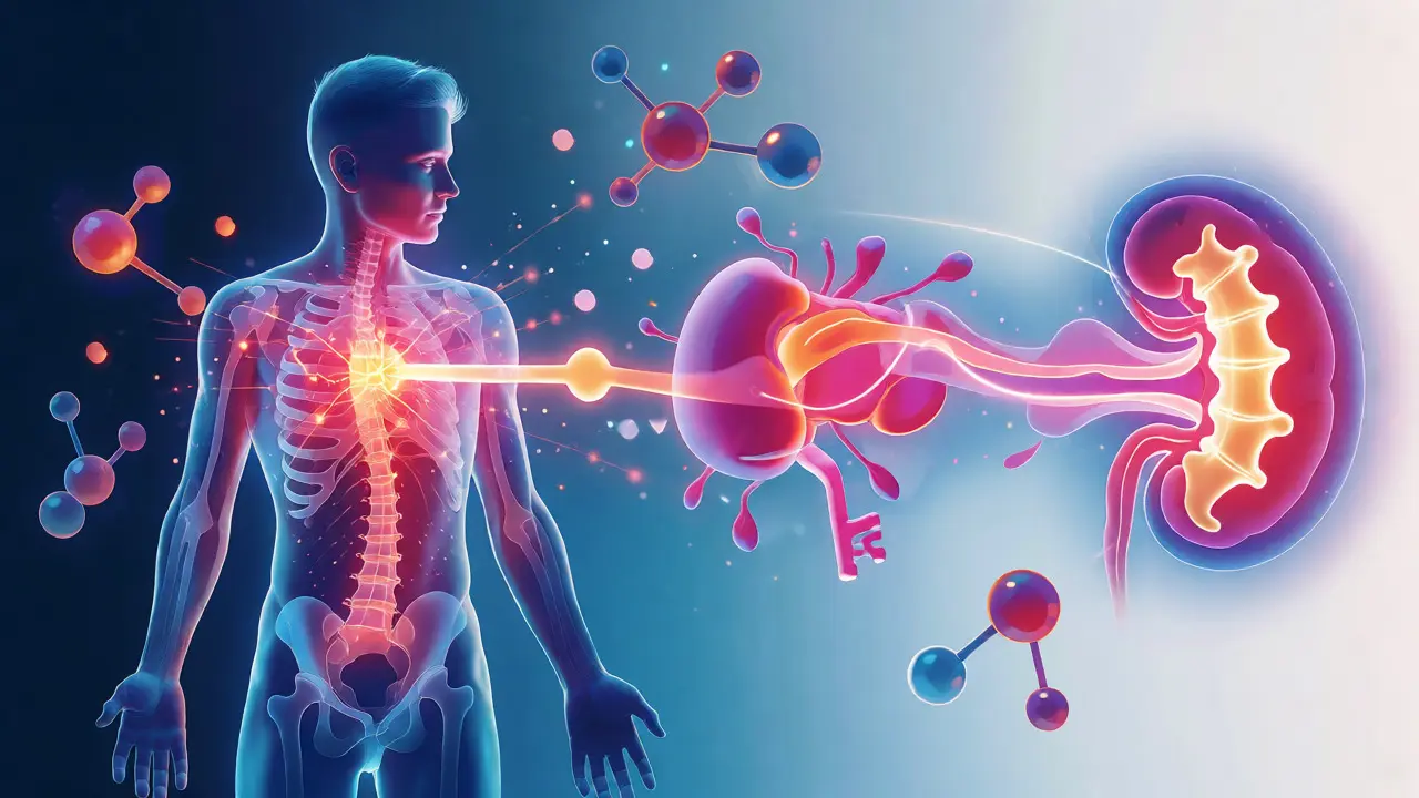 Konceptuální ilustrace aktivace vitamínu D v těle s podporou K2 a hořčíku