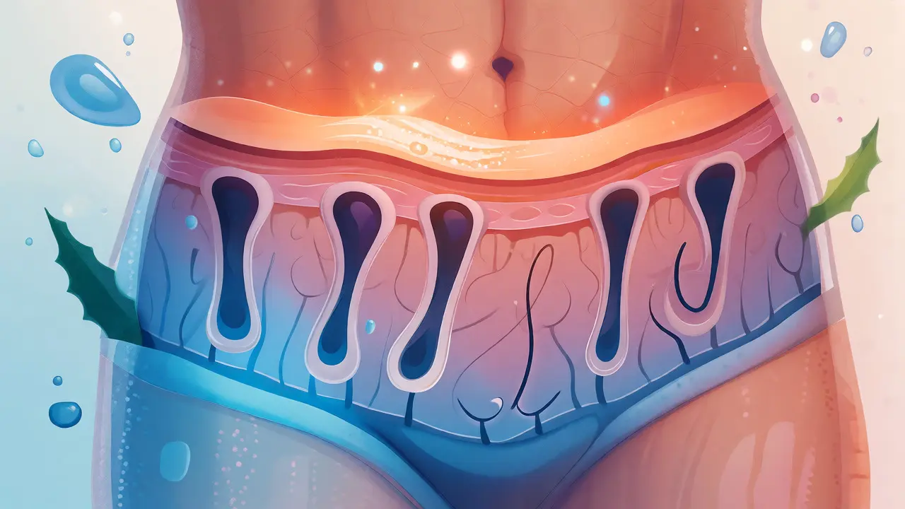 Konceptuální ilustrace vrstev kůže a růstu chloupků se znázorněním zarostlých vlasů.