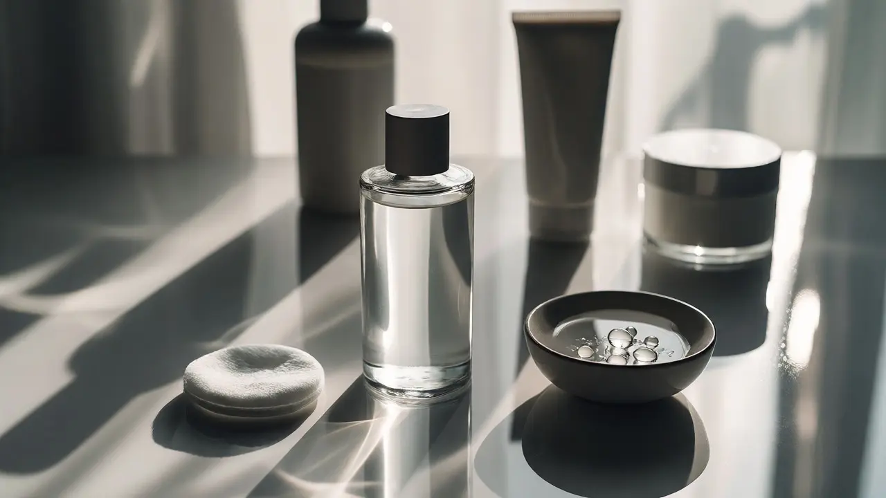 Stylizovaná scéna s lahvičkou tonika, vatovým tamponem a dalšími kosmetickými produkty.