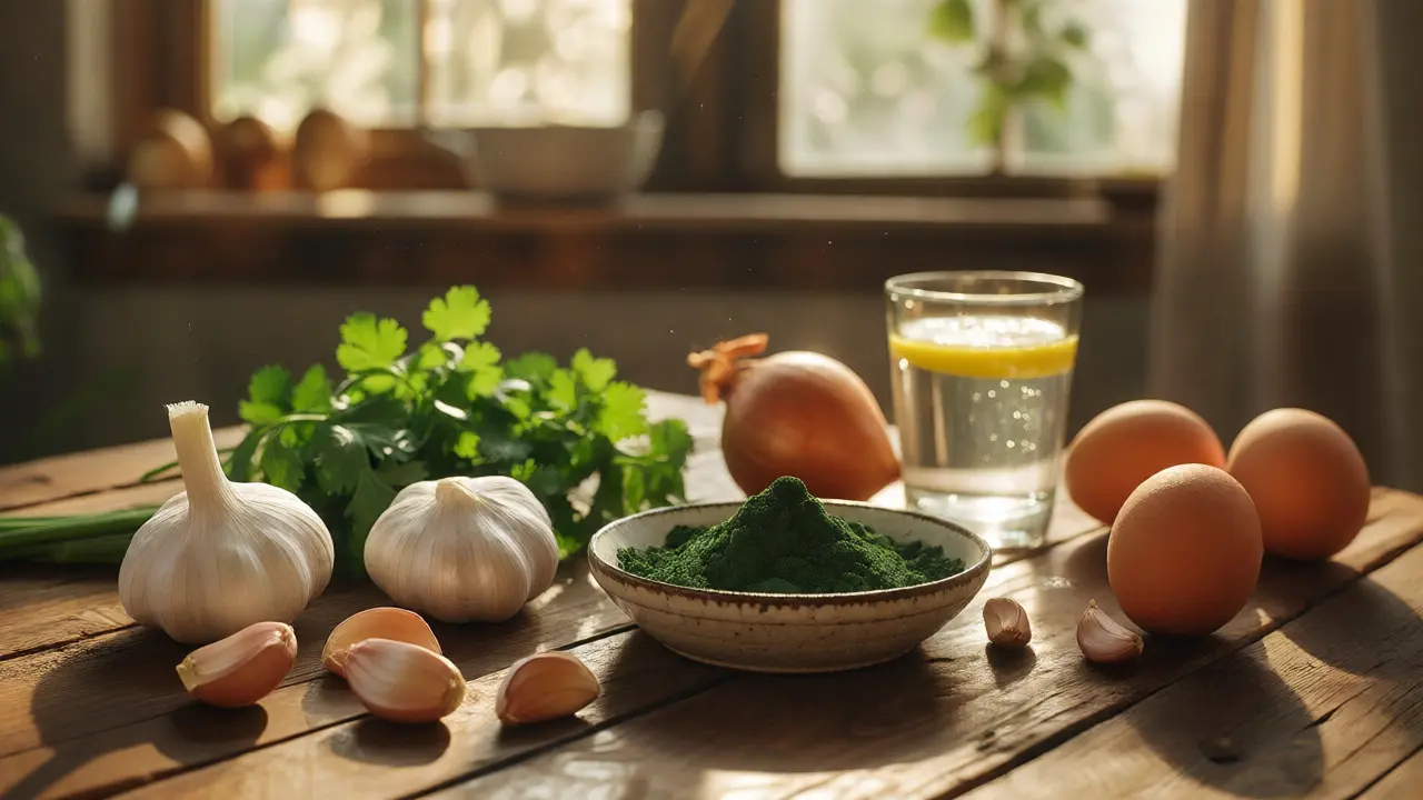 Zdravé potraviny pro detoxikaci jako česnek, vejce a chlorella